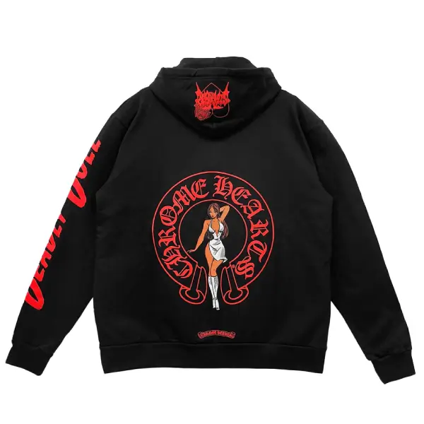 Chrome Hearts Deadly Doll Red Horseshoe Logo Pullover Hoodie Chrome Hearts Deadly Doll Red Horseshoe Logo Pullover Hoodie